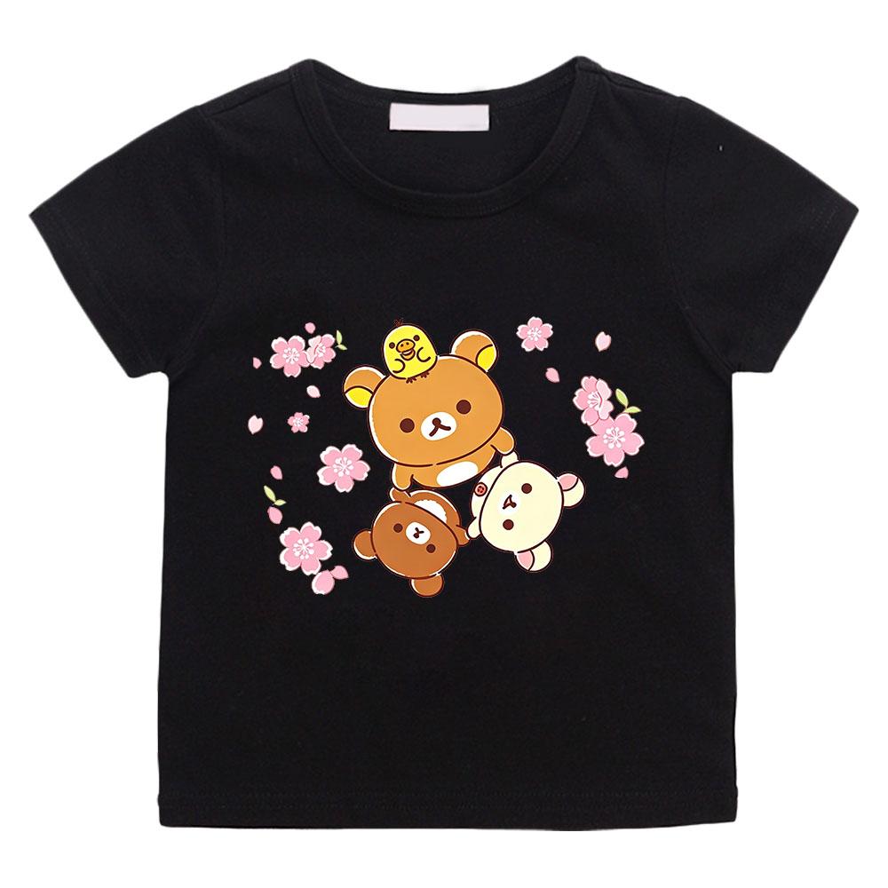 

100% Cotton Rilakkuma Cartoon T-shirt Boys Girls Kids Clothing Kawaii Tops Short Sleeves Sports Fashion Manga Comic Tees Toddler 100 чёрный