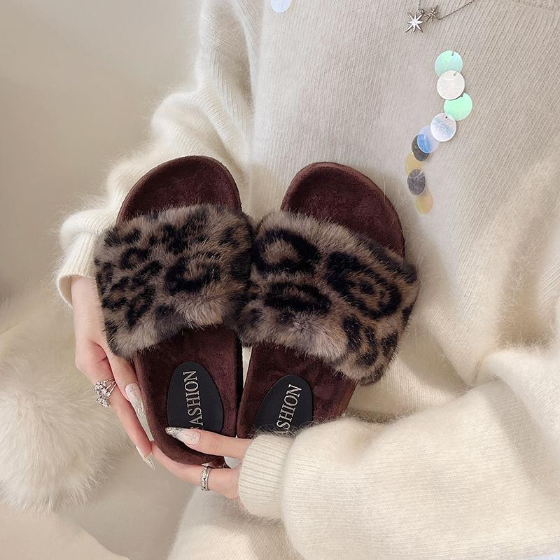 Fashion Fashion Leopard Print Fur Slippers for Women Open Toe Soft Sole Furry House Shoes Woman Winter Warm Comfort Indoor Home Slippers