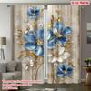 2PCS Digital Printed Curtains, Blue Flowers Golden Leaves Elegant Botanical, Window Drapes for Living Room Bedroom Home Decor
