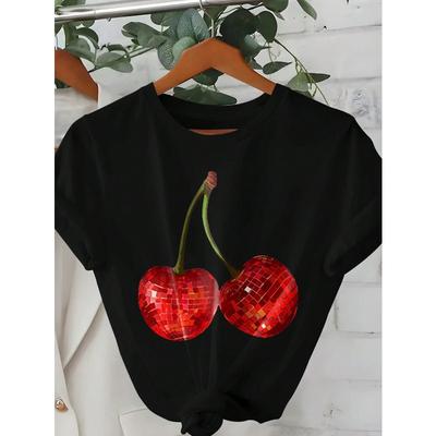 Womens Casual Cherry Fun Printed Sleeved Tshirt Casual Womens Top Fashionable and Trendy Round Neck Top Aesthetic Clothes