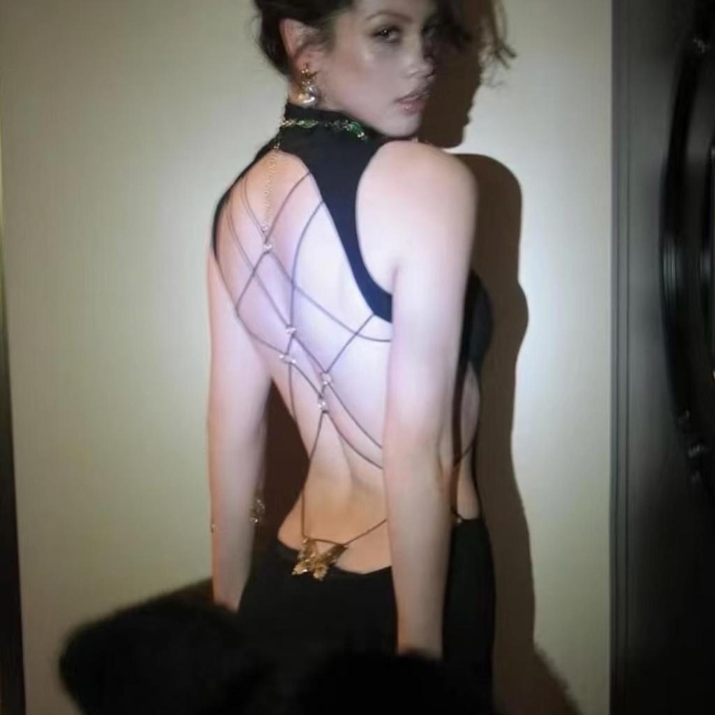 IAMGIA Spiderweb Bow Black Hollow-Out Sexy Slit Dress