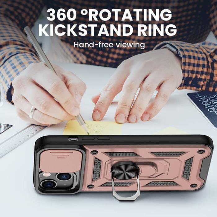 Coque pour iPhone 14 Plus - Antichoc - Rose - Protection Caméra - Support Intégré - Verres Trempés