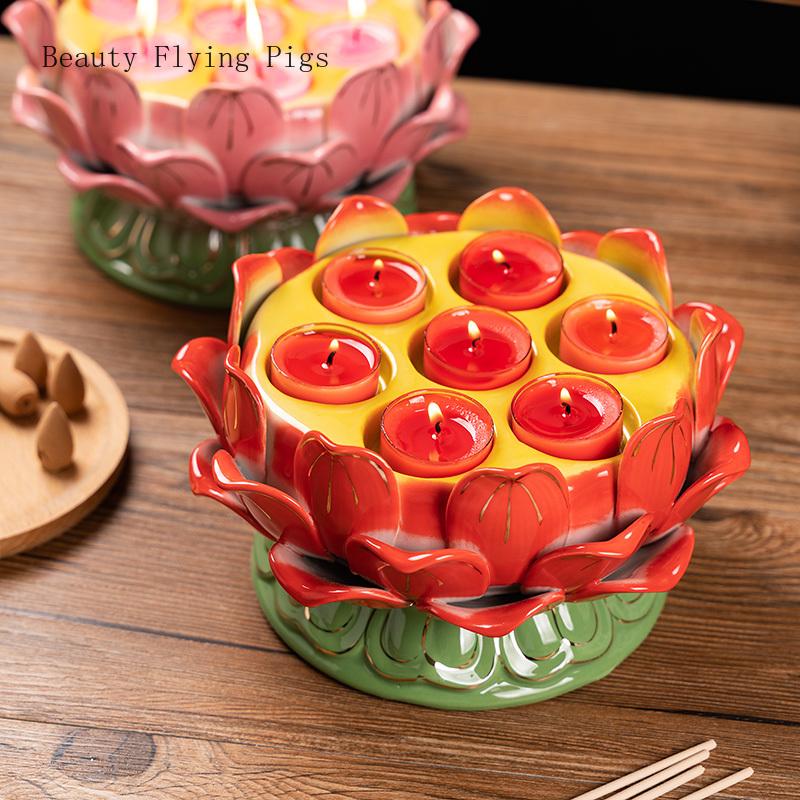 1PCS Ceramic Gold Thread Lotus Candle Holder Household Butter Lamp Buddha Front Seven Star Lamp Holder
