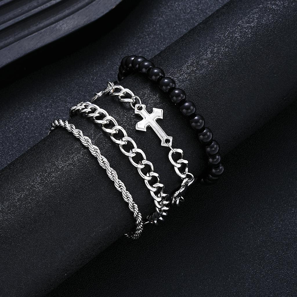 4 Pcs Stainless Steel Bracelet Set For Men Women Punk Fashion Cross Beads Chain Bracelets Simple Hip Hop Unisex Jewelry Gift