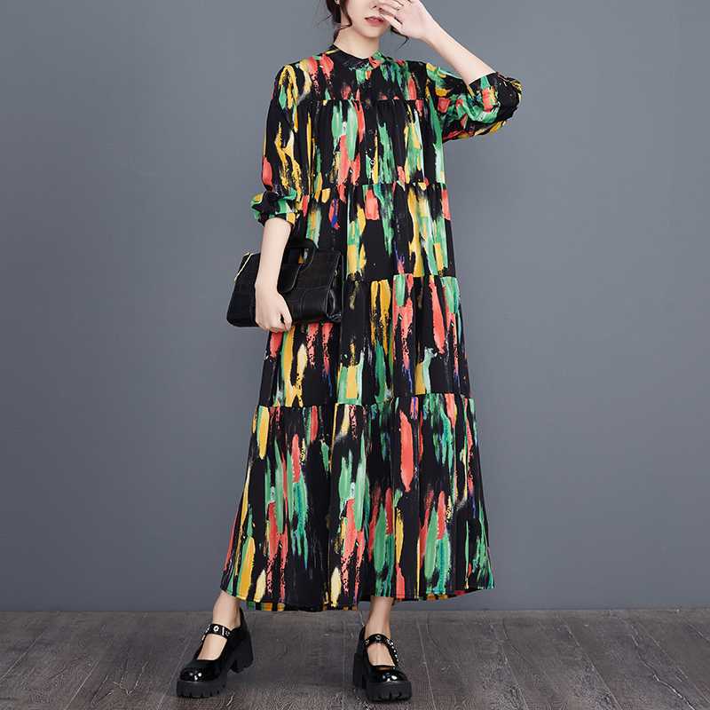 Real Spot Spring and Summer New Loose Large Size Fashion Printing Splicing Long Sleeve Cake Dress Dress