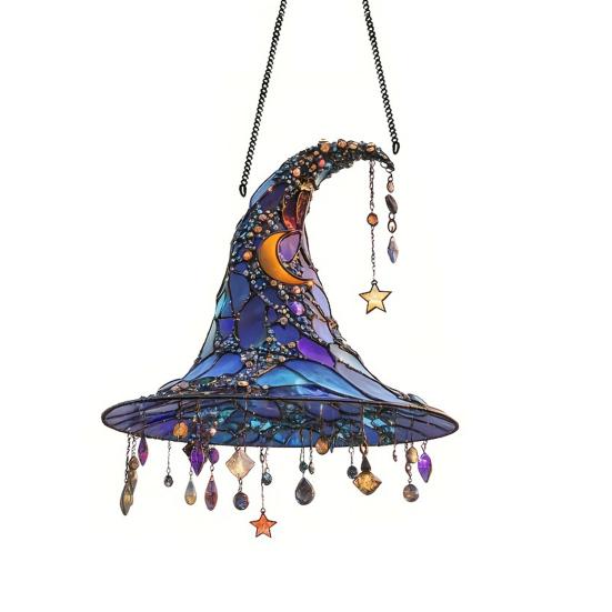 Halloween Witch Hat Hanging Decoration Stained Glass 2D Flat Acrylic Creepy Bat Skull Suncatcher Indoor Outdoor Wall Window Hanging Sign Ornament