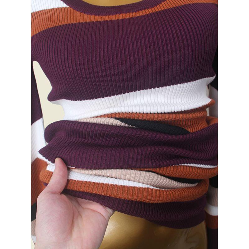 French Style Puff Sleeves Contrast Color U Collar Base Dress Foreign Trade Original Order Slim Fit Slimming Long Sleeves Bodycon Dress