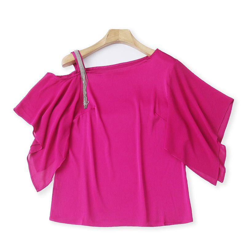 

1L/26 Summer New Foreign Trade Women Youth Fashion Loose Western Style Sloping Shoulder Pullover Short sleeve Solid Chiffon Small Shirt Purple red (1O/3 Slight flaw) M