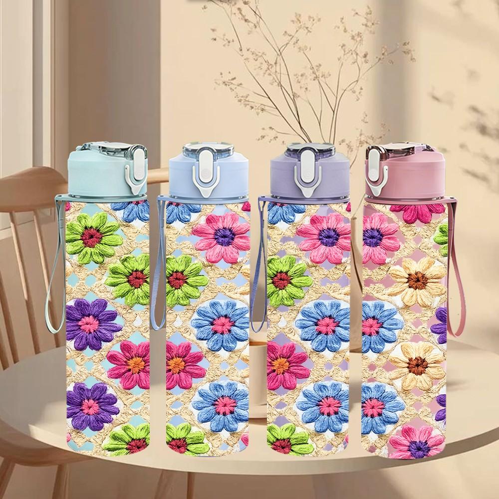 1PC Vibrant Multi Floral 750ml Color Plastic Sports Water Bottle Leakproof Flip Straw Lid Suitable for Sports Office Home Use