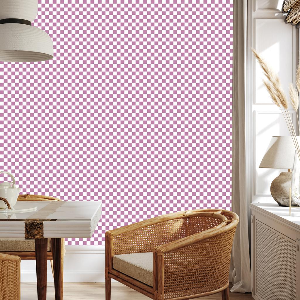 Checkerboard wallpaper powder pink, white and purple 50x1000
