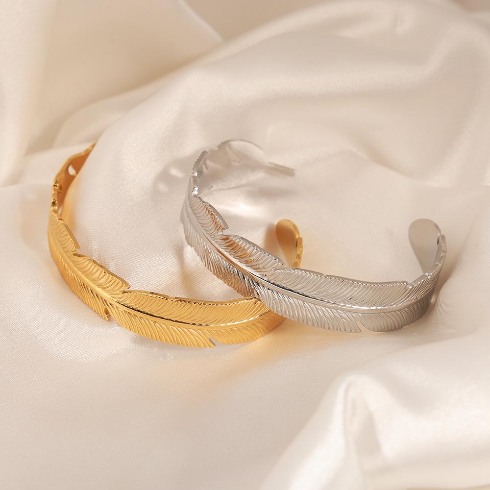 18K Gold Titanium Steel Feather Open Cuff Bracelet - Stylish Wide Design for Couples