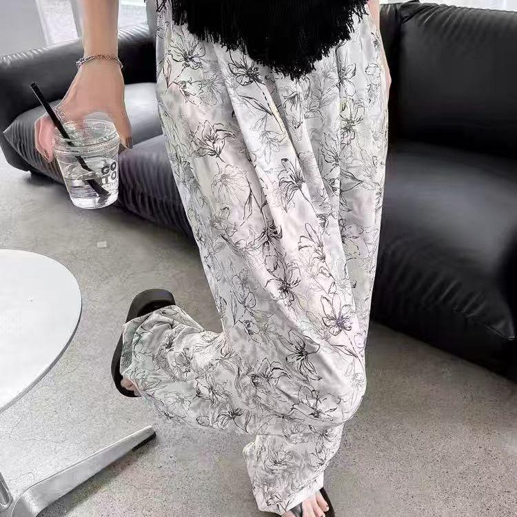 Casual High-Waist Ice Silk Ink Painting Tie-Dye Trousers