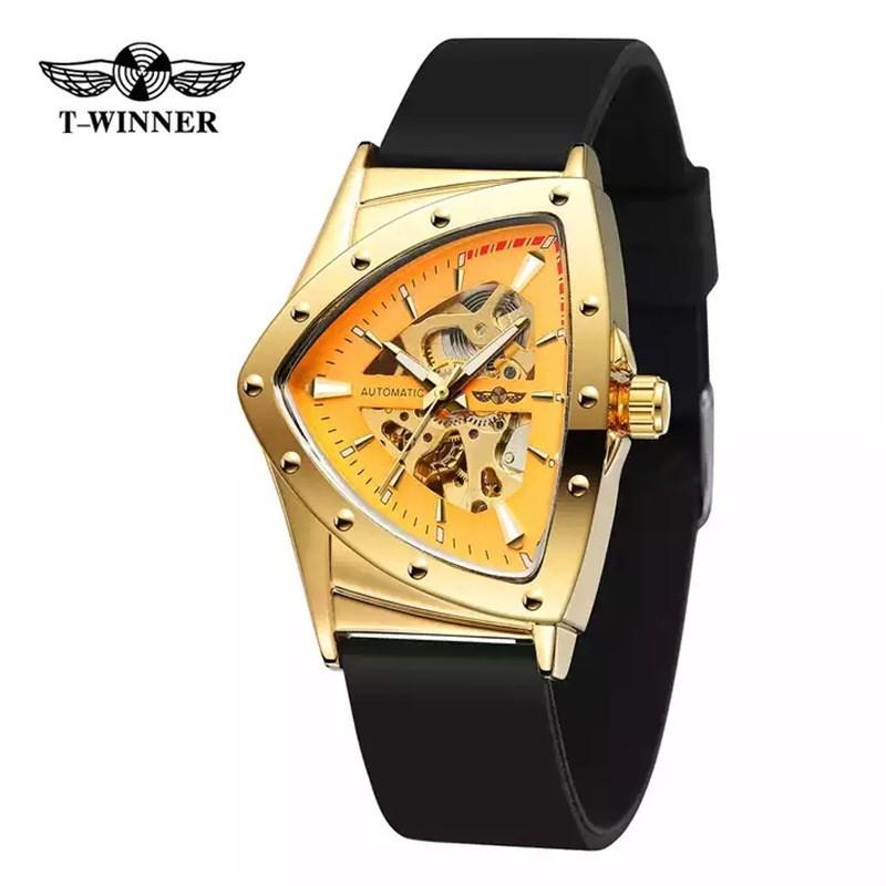 Mens Fashion Casual Automatic Mechanical Watch With Hollow Triangle Dial Heart Shape Stainless Steel Buckle