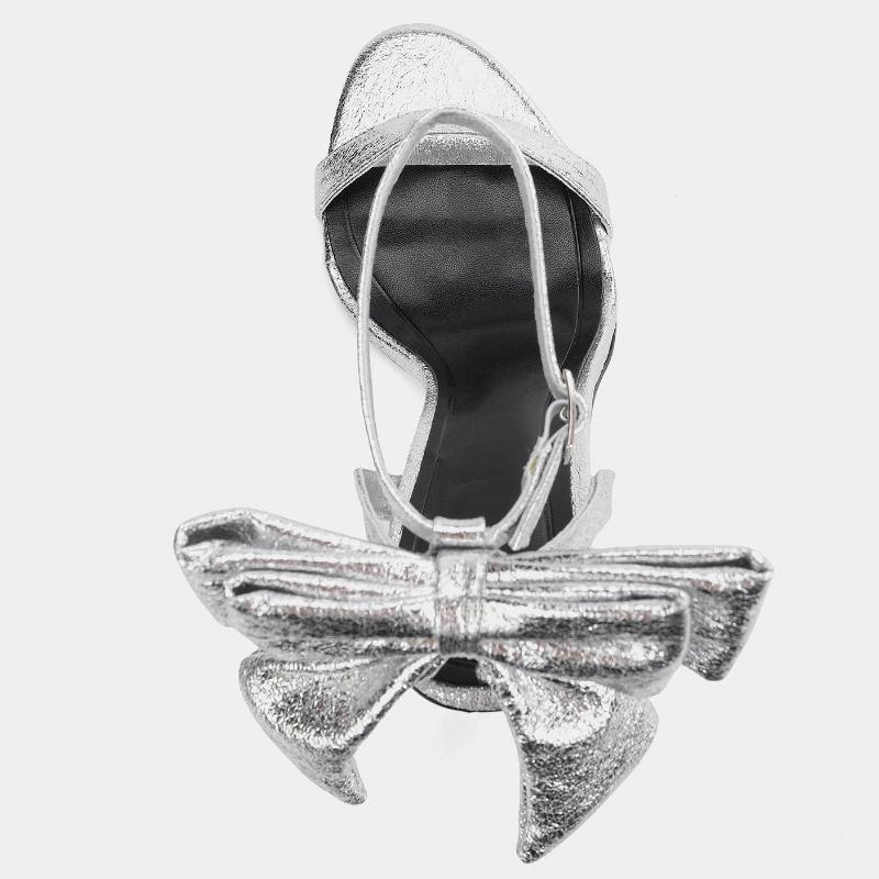 Fashion Silver Bow Decoration Brand High Heel Sandal Women Fashion Ankle Strap Buckle Designer Heels Elegant Banquet Bridal Evening Shoe