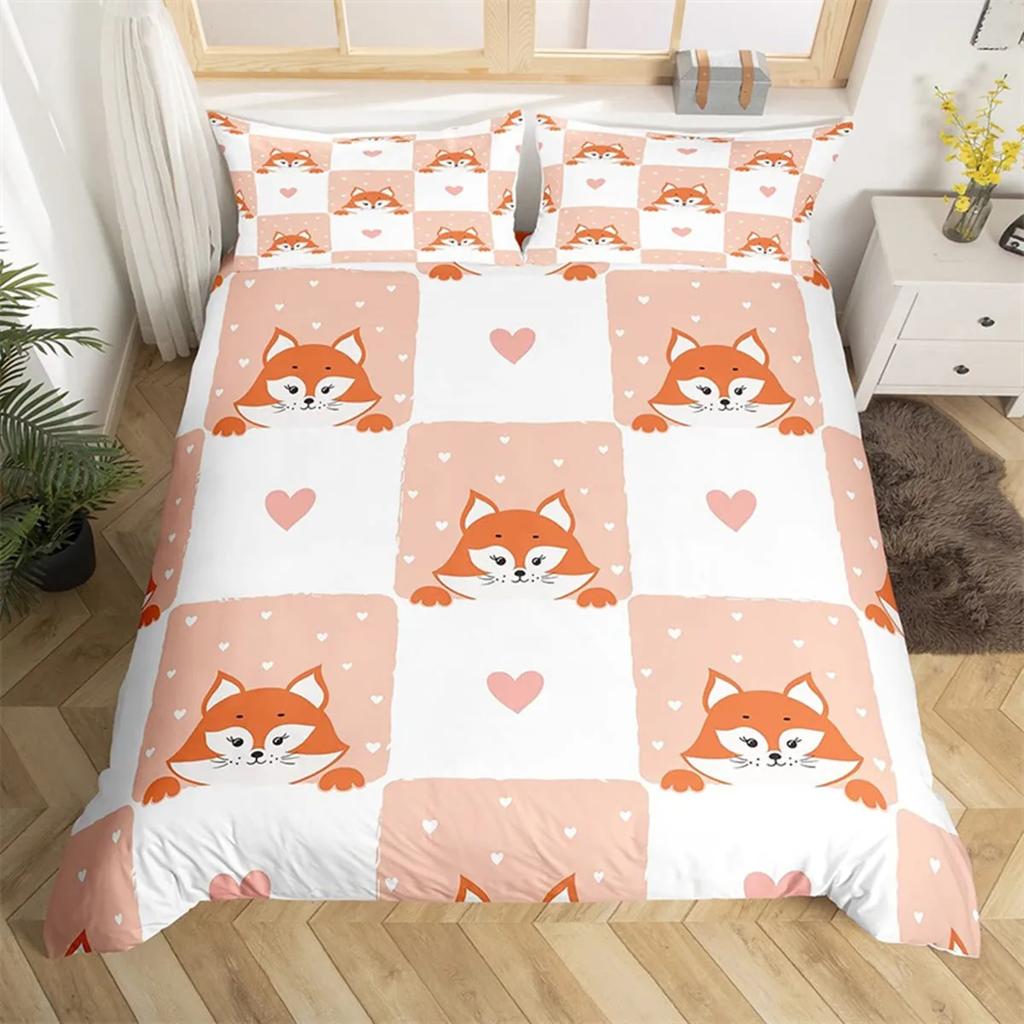 Tecknad Räv Påslakan Kawaii Djur Höstlöv Lönnlöv Tema Skogsdjur för Barn Kvinnor Flickor Sovrumsinredning