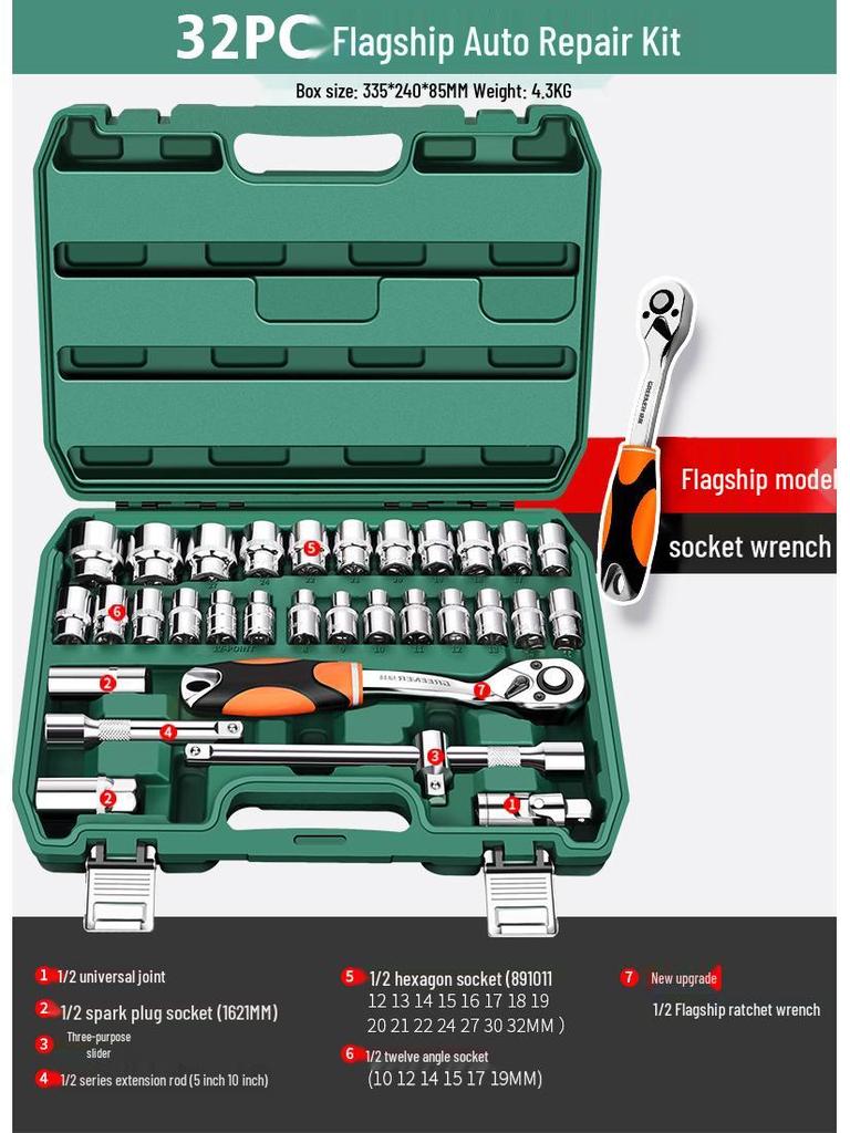 Green Forest Auto Repair Tool Set: Socket Wrench, Ratchet, Combination Tool Box.