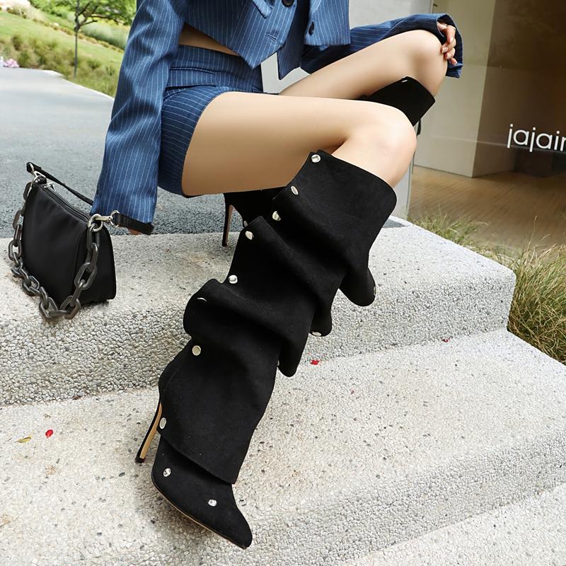 Fashion Women's new spring and autumn pointed fashion runway, metal rivets, pleated frosted velvet high heels, plus knee high boots