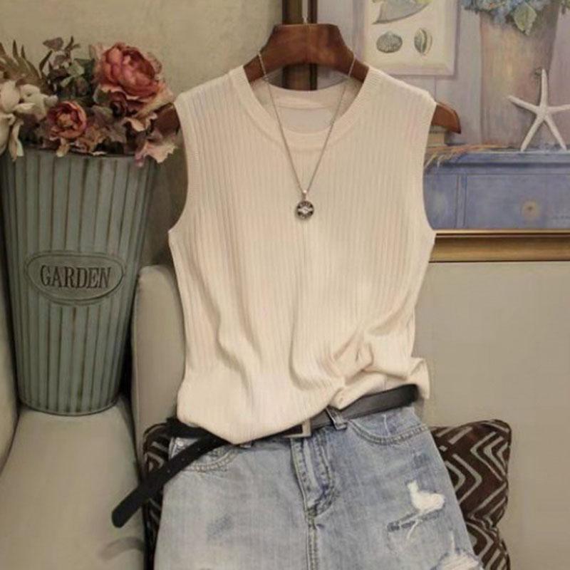 Women Summer Sleeveless O Neck Solid Color Knitted Causal Vest Top