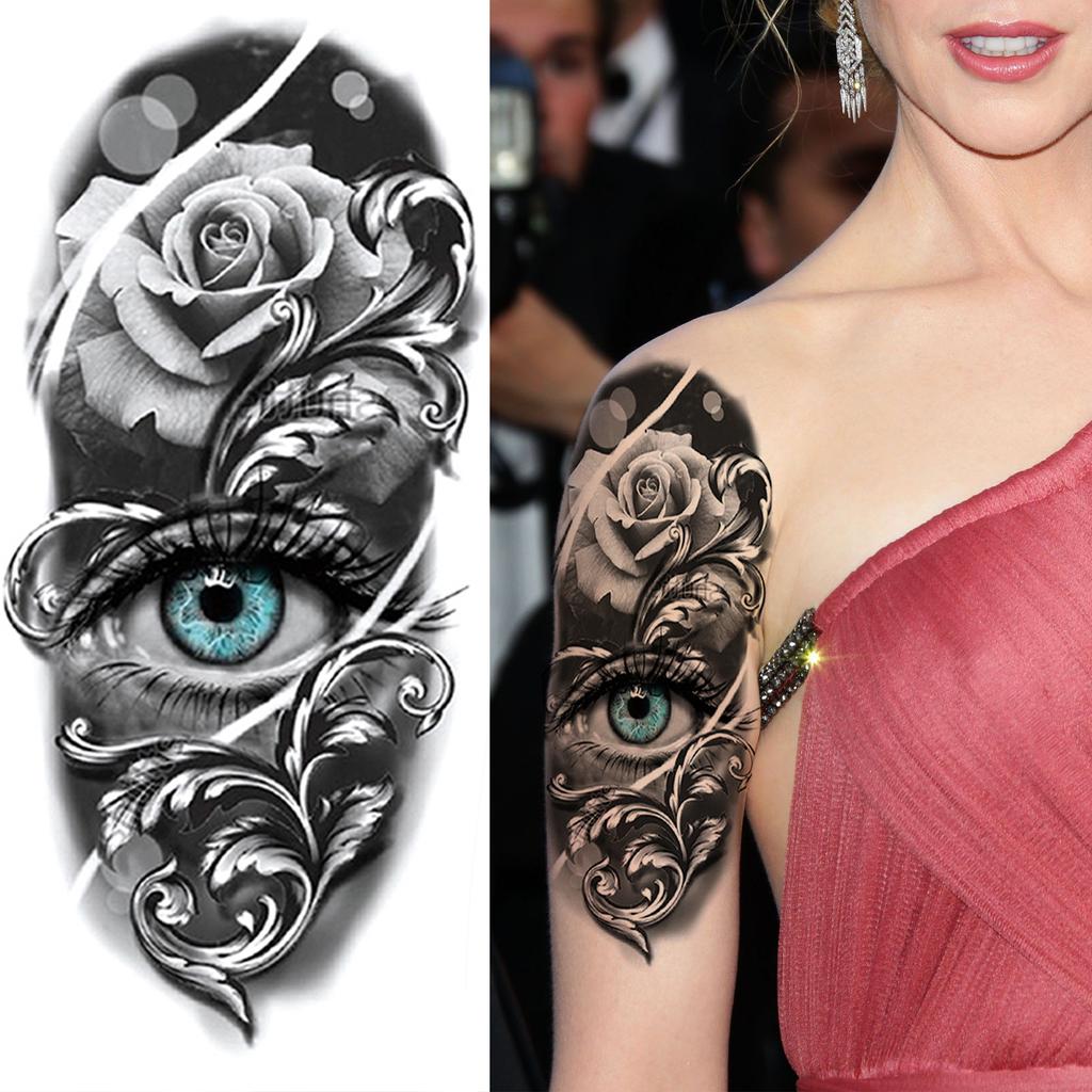 1 Blatt Temporäre Skelett-Tattoos für Damen Herren Fake Death Totenkopf Blume Tattoo Aufkleber Körperkunst Zeichnung Arm Unterarm Taille Rücken