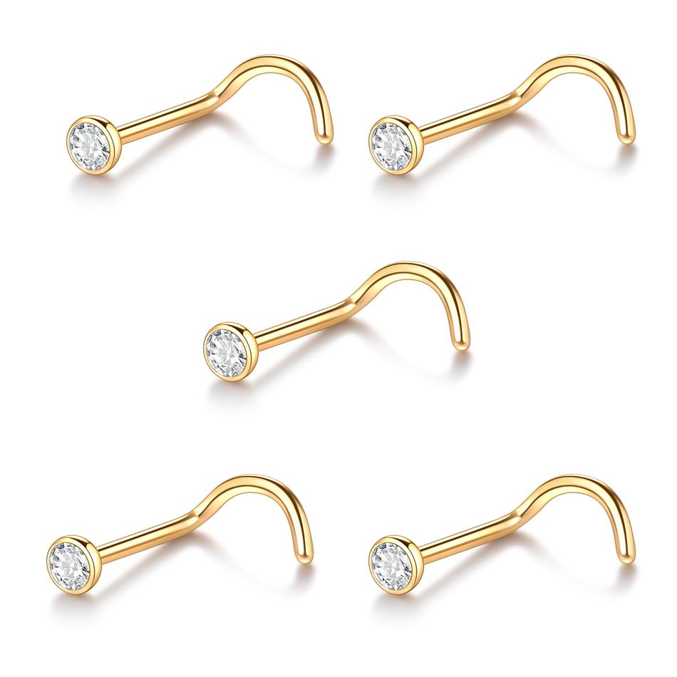 1/5PCS Titanium 1.5/2/2.5/3mm Gem Nose Stud Piercing Earring Gold Color Nose Screw Prong CZ Nose Nostril Piercings Retainer Gift