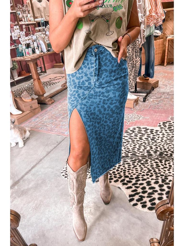 Leopard Print High-Waisted Slit Denim Midi Skirt for Women