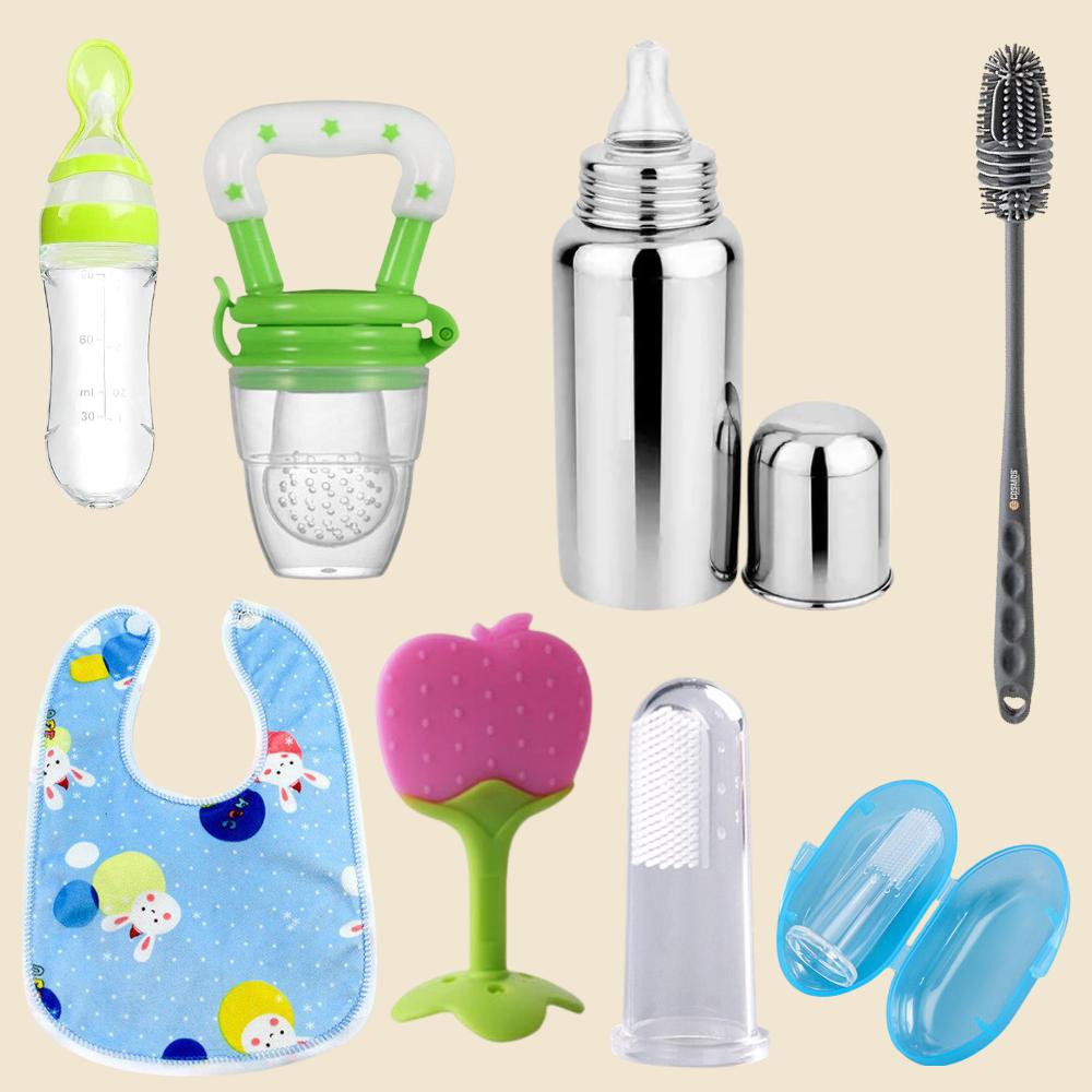 

Baby Feeding Set – Steel Milk Bottle 250 ml, Fruit Feeder, Spoon Feeder Bottle & Cleaning Brush Combo Pack of 7