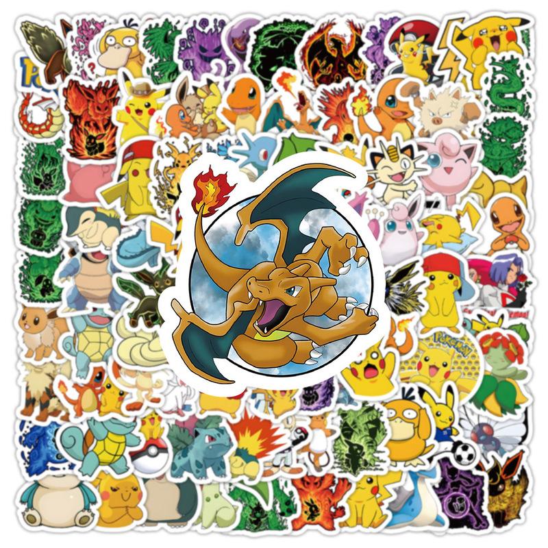 100PCS Kawaii Pikachu Anime Pokemon Stickers for Laptop Suitcase Skateboard Guitar Phone Cartoon Sticker Kid Gift Toys