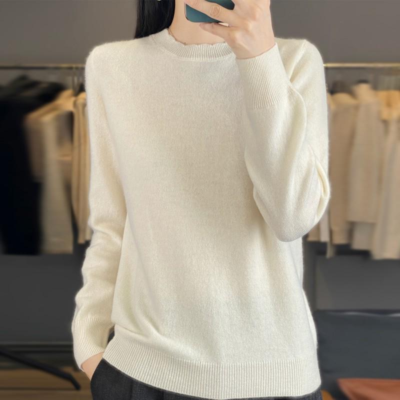 Women's 100% Pure Wool Lace Collar Round Neck Sweater - Autumn/Winter Plus Size Knit Pullover