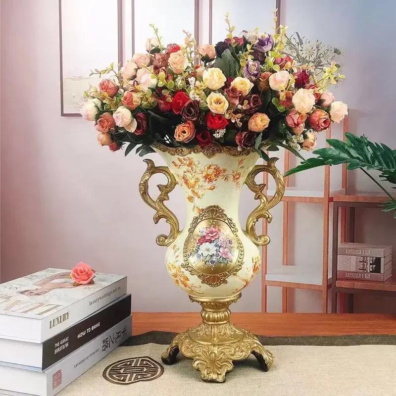 European High-end Home Ornament Retro Luxury Resin Decoration Ornament House Living Room Artificial Flowers Vase
