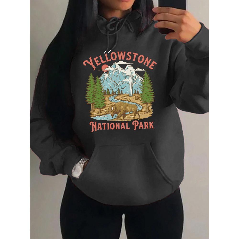 Yellow Stone National Park Printing  Hoodies Women Fleece All-Match Streetwear Y2K Pocket Hoody Autumn Casual Woman Clothing