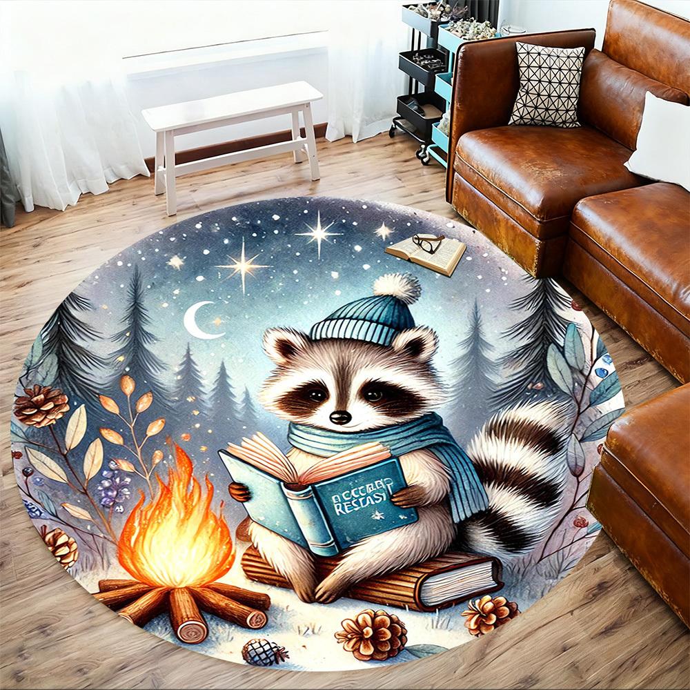 1pc Raccoon, Campfire Round Chair Mat Area Rug - Non-Slip, Floor Mat for Office, Bedroom, and Indoor Decor -1002071