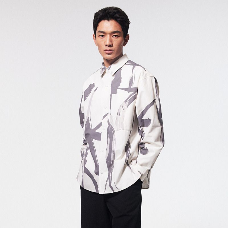 

HM Men s Shirt Fall 2025 New Arrival Loose Large Profile Print New Chinese Style Long Sleeves Tops 1252122 White/Patterned 175/108