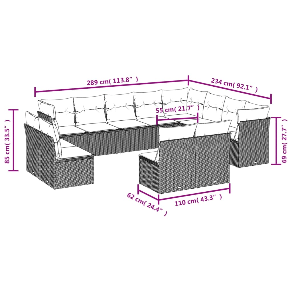 Vidaxl 12-Cz. Garden Furniture Set, With Cushions, Black, Poly Rattan