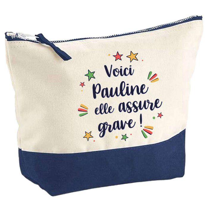 Trousse de maquillage - PLANETEE - Pochette fond bleu «Pauline elle assure grave» - Grand format - Coton - Impression HD