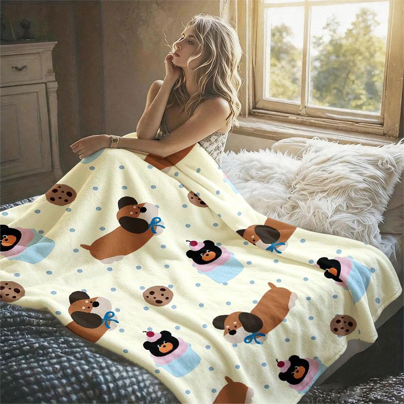 Dachshund Bear Cupcake Dots Flannel Blanket Perfect for Sofa Office Bed Travel Sleep Read Relax Camping Four Season Use