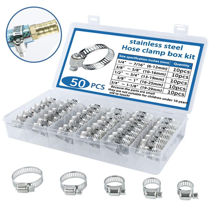 Adjustable stainless steel hose clamp combination set for tubing, machinery, garden, and automotive hoses