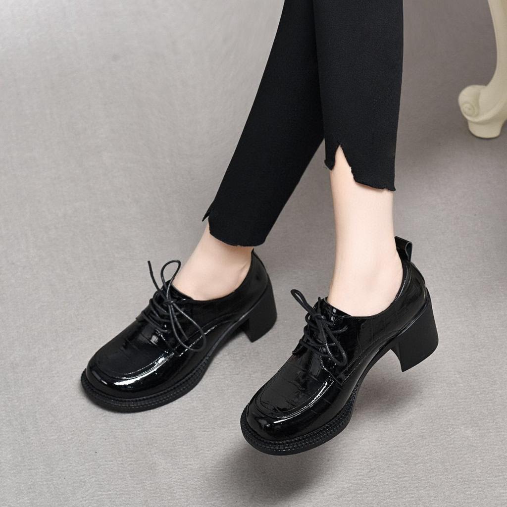 Women's Single Shoes Cow Patent Leather Thick Heel Small Leather Shoes Spring New Lace-up Medium Heel Women's Shoes