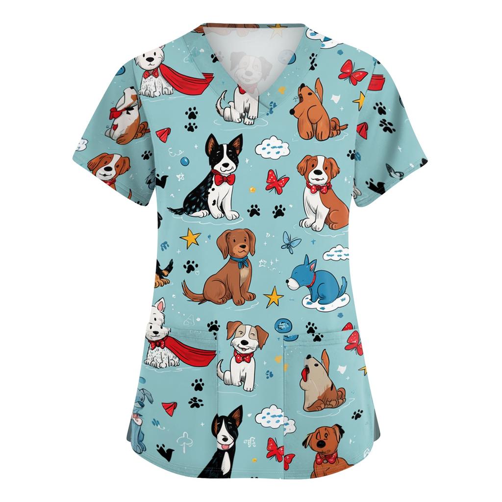 Top da Lavoro da Donna con Scollo a V, Manica Corta, Spacchi Laterali e Tasche, Stampa Animalier, Camice Medico, Vestibilità Comoda