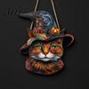 Halloween Decoration Wood Wooden Hanging Door Sign, Cute Painted Cat Welcome Ornament with Witch Hat Haunted Solid Plaque House Pumpkin,