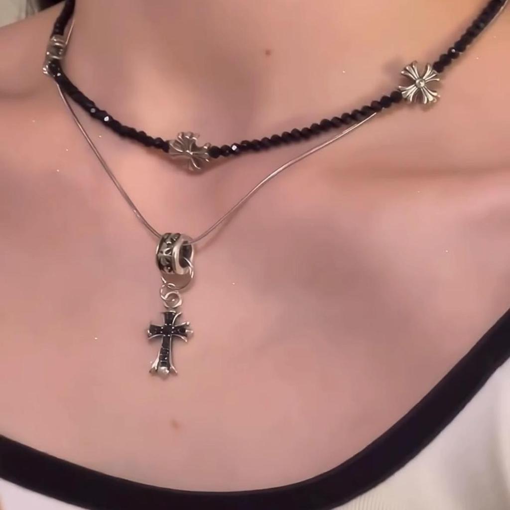 Cross Flower Stacked Choker, Advanced Unique Design Black Clavicle Necklace for Women