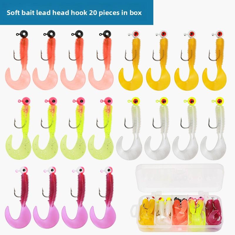 Daoyu 20-Piece Curly Tail Soft Lure Lead Head Jig Hooks Set Anti-Hang Bottom Design for Bass Trout Walleye Mandarin Fish