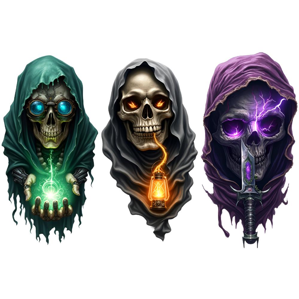 3 sztuki Tymczasowe Tatuaże Wodoodporne Długotrwałe Naklejki na Ciało Pająk Czaszka Czaszka z Kapturem i Mieczem Kruk na Czaszce Dla Dorosłych