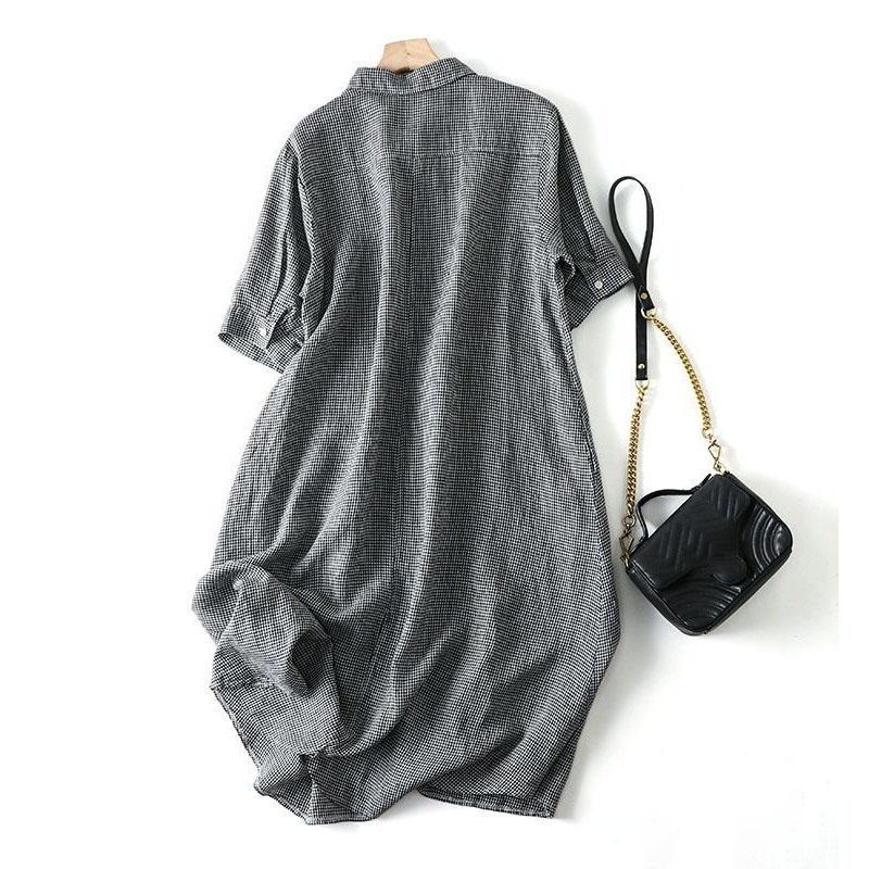 Plaid Dress Women Vintage Half Sleeve Hemp Shirt Dresses Large Size Loose Long Skirt