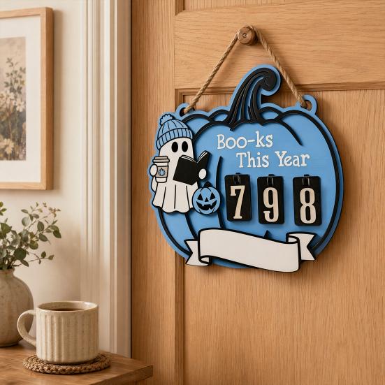 Double-layer Wood Chip Tech Halloween Ghost Pumpkin Reading Tracker Wooden Hanging Sign, Sliding Number Counter for Book Read This Year, Decoration