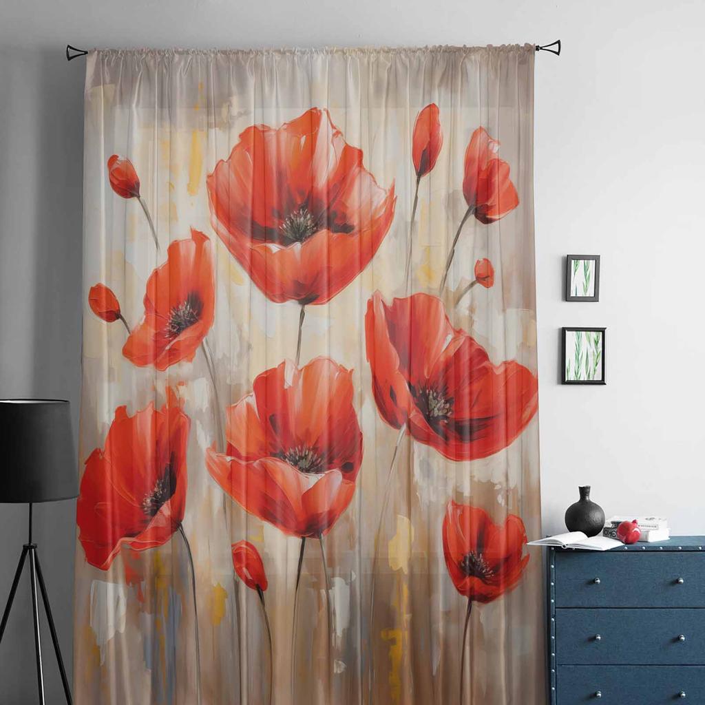 Spring Watercolor Hand-Painted Poppy Plant Tulle Window Curtains for Bedroom Luxury Home Drapes In Living Room Chiffon Panels