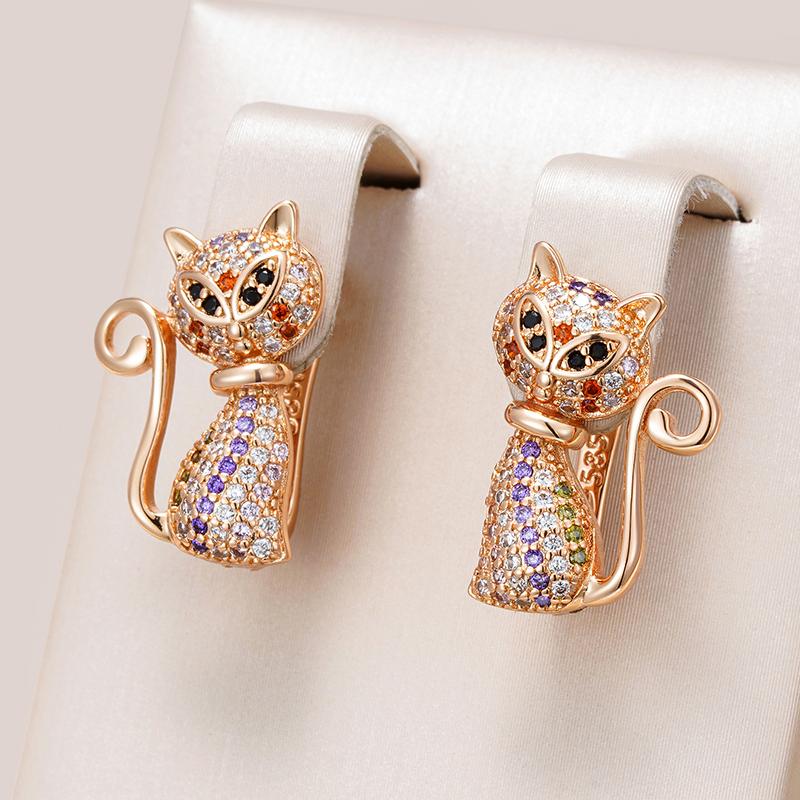 Fashion  Rose Gold Cute Cat Earrings For Girls Unique Black Natural Zircon Earrings Children Xmas Gifts Animal Jewelry