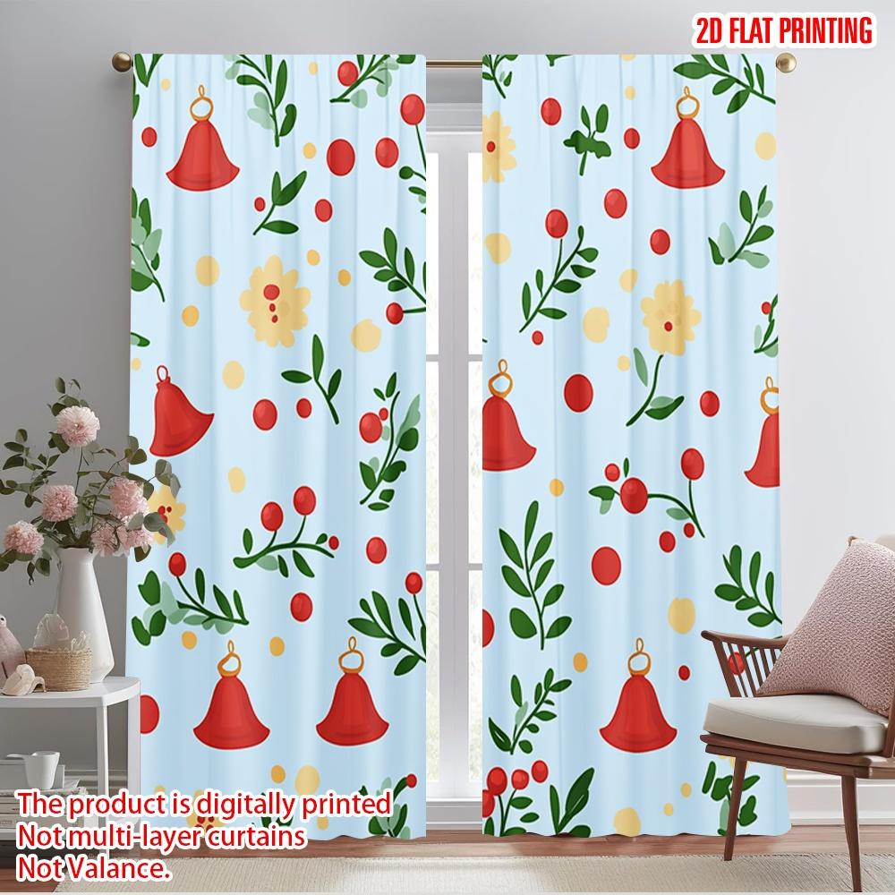 

2pcs,2D plane printing Pattern Curtains Christmas Bells Holly Durable Polyester (without rod) Festive for Various Rooms, 52.50×116.00 CM 2pcs