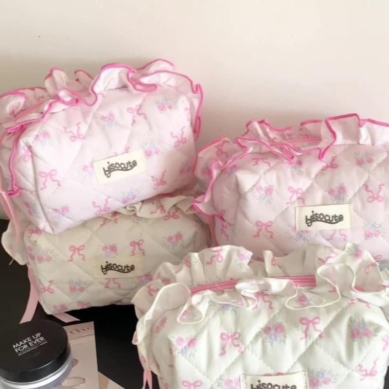 Cute Bow Flower Quilting Cotton Makeup Bag Women Zipper Cosmetic Organizer Female Cloth Handbag Portable Toiletry Case For Girls