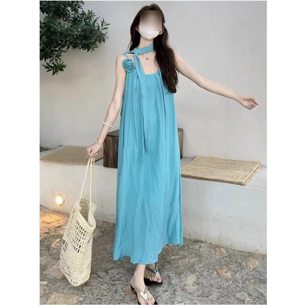 Lake Blue Halterneck Camisole Dress Women's Summer Dopamine Bright Xinjiang Outfit Resort Beach Dress
