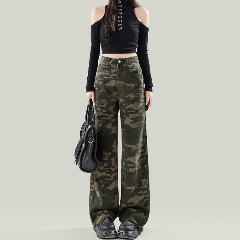 

American retro camouflage tooling jeans women s autumn new street trend hip hop loose wide-leg pants 2XL камуфляжний